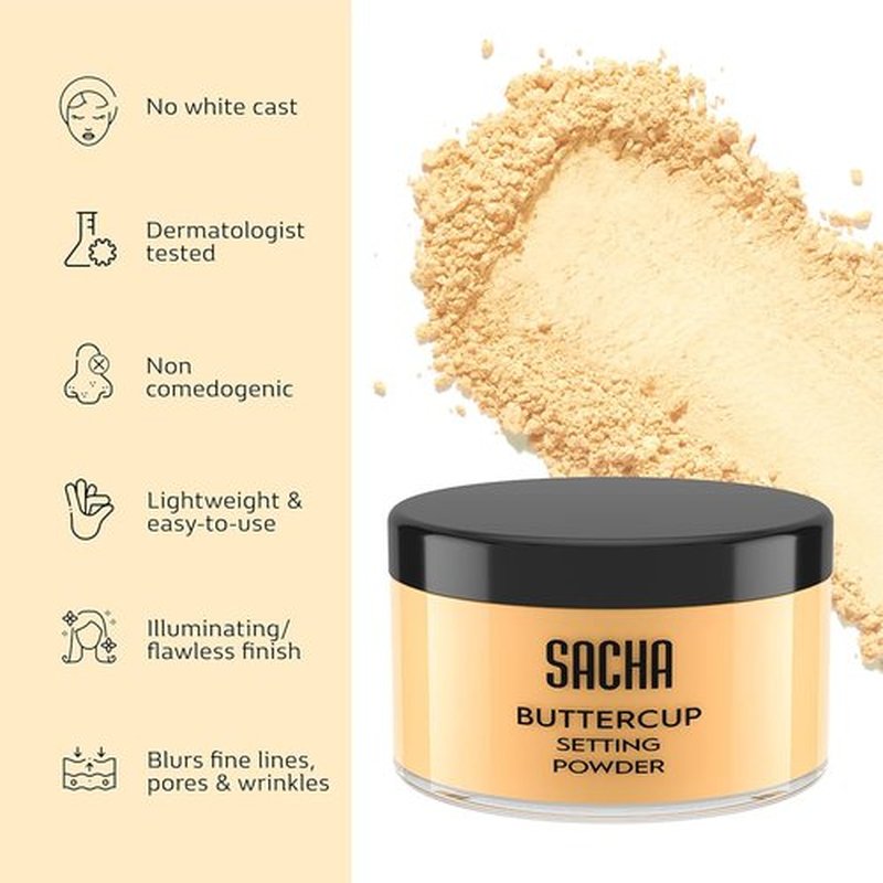 Sacha BUTTERCUP Setting Powder - No Ashy Flashback | Blurs Fine Lines & Pores | Translucent for Medium to Dark Skin, 1.75 oz