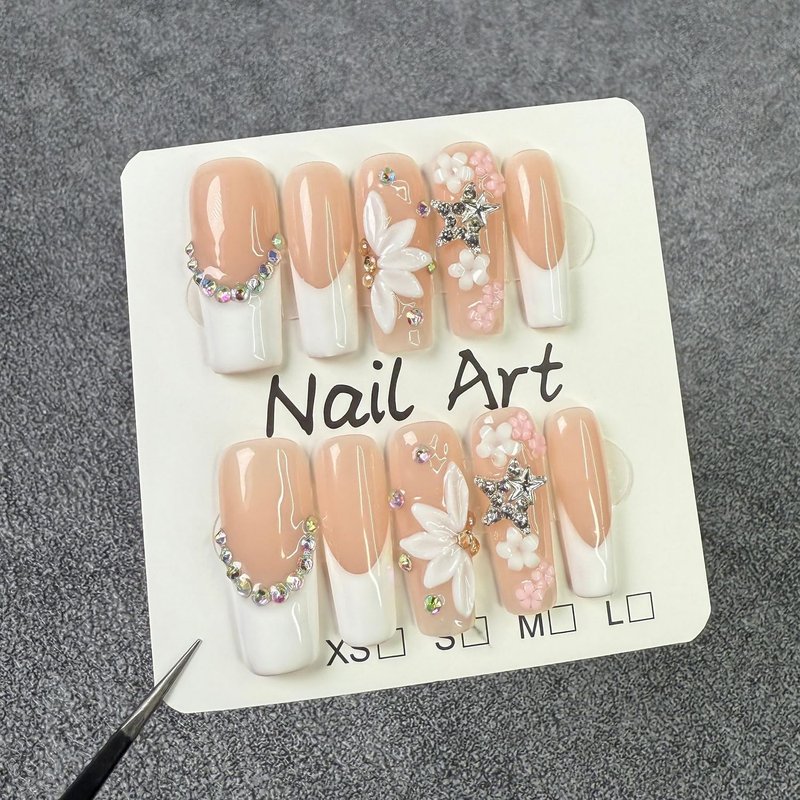 White French Tip Press on Nails Flower Handmade Press on Nails with Rhinestone Designs Long Coffin Shaped Fake Nails Full Cover Thick Acrylic and Muti-Layer Gel Stick on Nails for Women (M)