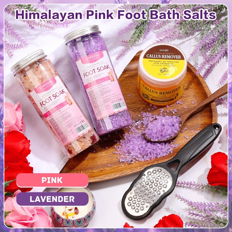 XIWEIOO Himalayan Pink Foot Soak Set Pedicure Kit Tea Tree Oil Foot Soak Salts,Foot File,Foot Scrub Epsom Salt Pedicure at Home spa Callus Remover Gel Kit for Dry, Cracked Feet - Women's Spa Kit