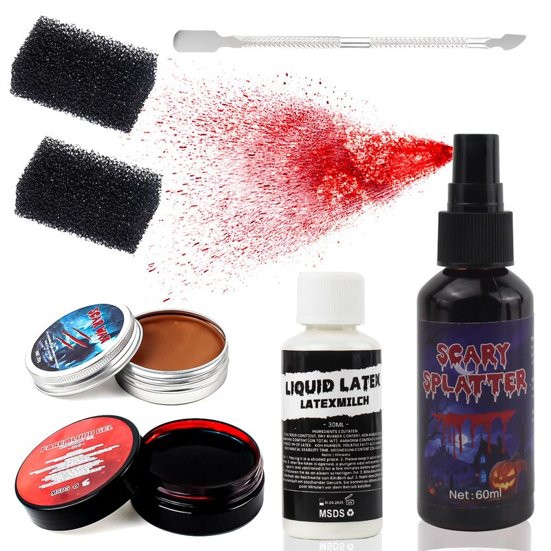 VOLLUCK Halloween Makeup kit - Fake Blood Washable + Liquid Latex + Scar Wax with Spatula Tool + Fake Blood Spray + 2 Stipple Sponge