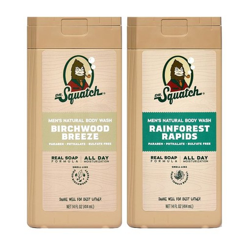 Dr. Squatch Men's Body Wash - Nourishing & Moisturizing Shower Gel - Birchwood Breeze + Rainforest Rapids (14 oz, 2-Pack)