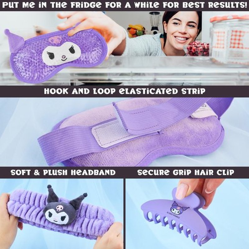 Hello Kitty Sanrio Kuromi Beauty Set for Women, Teens with Cooling Gel Eye Mask, Plush Skincare Headband, Claw Clip, Eye Pads, Kawaii Gifts for Women (Purple Kuromi)
