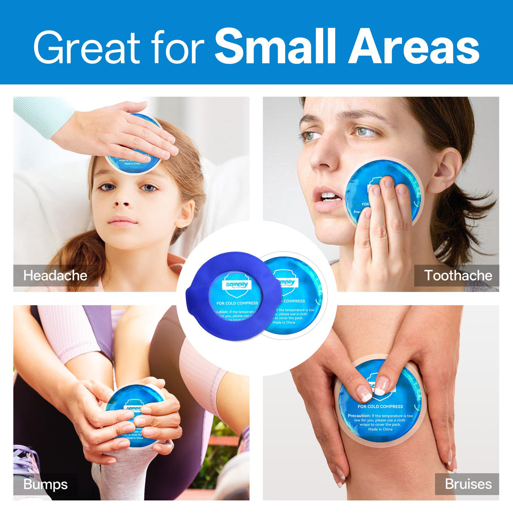 samply Small Gel Ice Packs for Boo Boos, Cold Packs for Injuries Reusable Pain Relief, Headaches and Toothaches,Eyes, Face, 5 Pack Mini Round Ice Packs with 2 Covers for Cold Compress