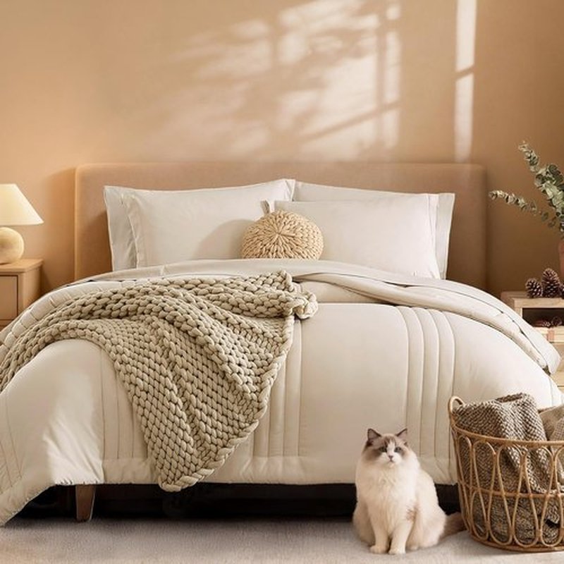 Monbix Queen Comforter Set - 7-Piece Beige Bedding Set with All-Season Comforter, Sheets & Pillowcases