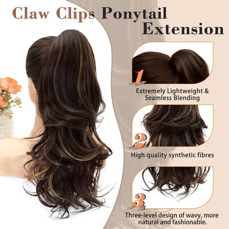 MOCA HAIR Ponytail Extension,Dark Brown Mixed Chestnut 18 Inch Claw Clip Ponytail Extension, Soft Wavy Curly Clip on Ponytails for Women Heat Resistant Synthetic Hairpiece for Daily Use