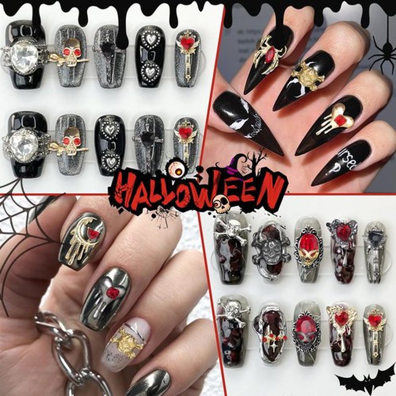 54 PCS 24Styles Halloween Nail Charms, 3D Gold Black Alloy Spider Skull Nail Rhinestones Charms Vintage Gothic Retro Nail Art Charms, Dark Cross Moon Heart Nail Gems and Charms Nail Accessories