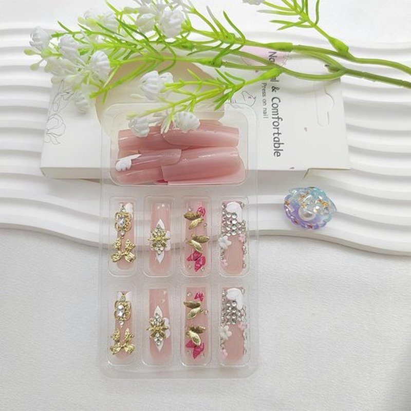 Handmade Press on Nails Long Fake Nails with 3D Flower Bow Rhinestones Butterfly Charms Designs Cute Nails Press ons Glossy Glue on Nails Nude Acrylic Nails Artificial Stick on Nails for Women 24Pcs