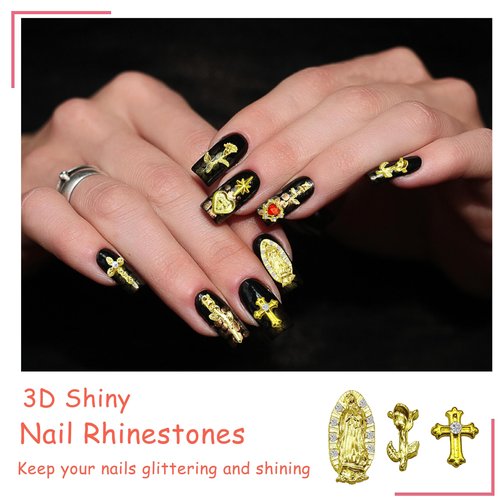 72pcs Virgin Mary 3D Gold Nail Charms Set Including Gold Cross, Heart, Jewels, Rose and Virgin Mary Accessories, for Y2K 3D Chrome Nail Art Supplies Art Craft DIY Decoration