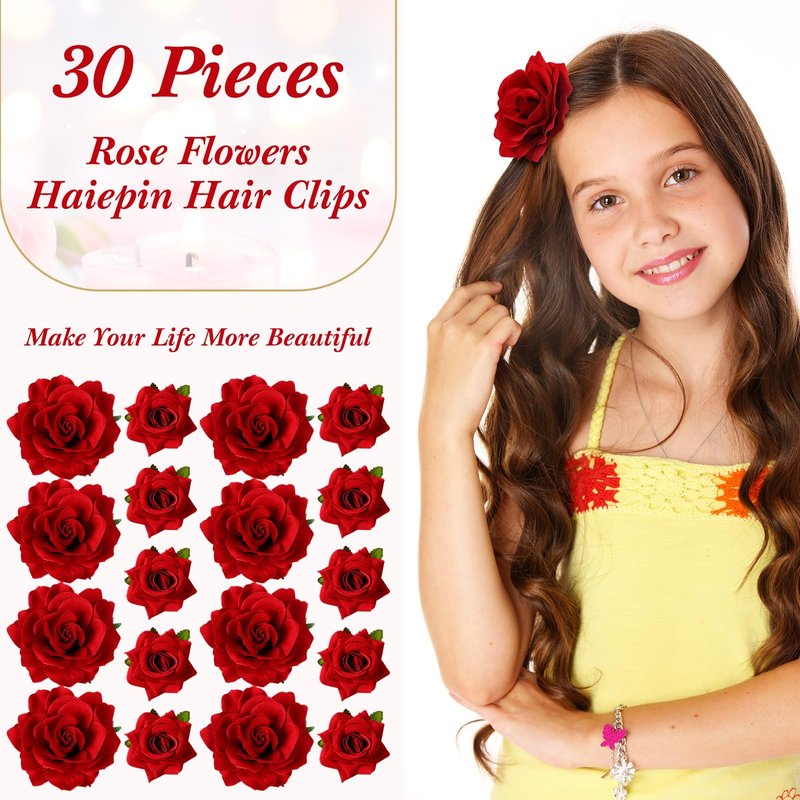 Waydress 30 Packs 2.8 Inch 4 Inch Flower Hair Clip Rose Hair Accessories Floral Hairpin Brooch Flowers Pin Brooch for Bridal Headpiece Accessories Wedding(Red)