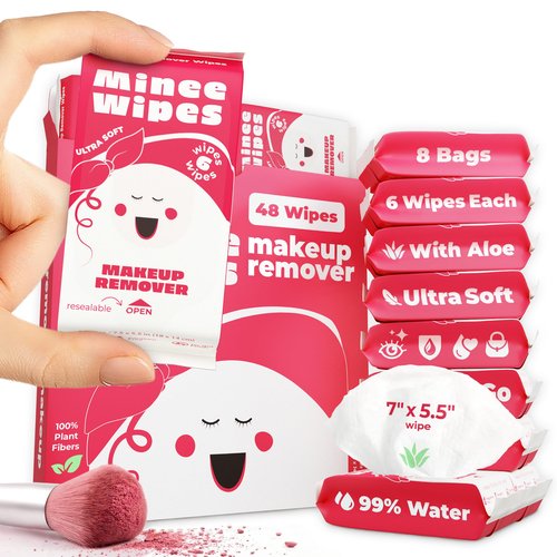 Impossibly Compact Travel Makeup Remover Wipes - 99% Water and Aloe - Ultra Soft, Safe for Sensitive Skin, Thick & Durable - Travel Essentials for Adults & Teens - Scented (8 Pack 48 Wipes)
