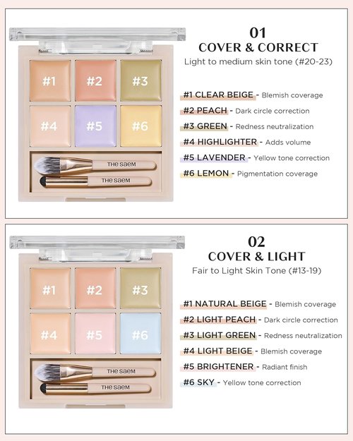 THESAEM Cover Perfection Concealer Palette - 6-Color Multi Concealer for Medium Skin Tones 20-23 | Includes Dual Brush for Blemishes & Dark Circles