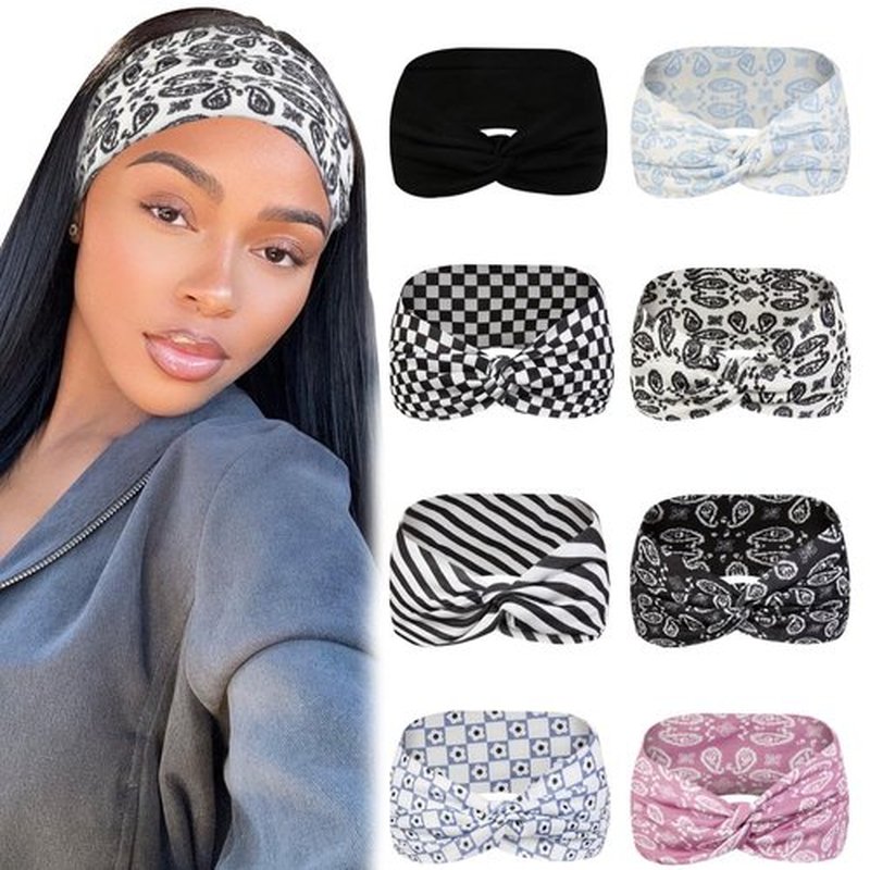 Tobeffect 8 Pcs Turban Headbands for Women, Boho Stretchy Hairbands Fashion Women's Headband Non-slip Big Large African Sport Workout Head Bands for Lady