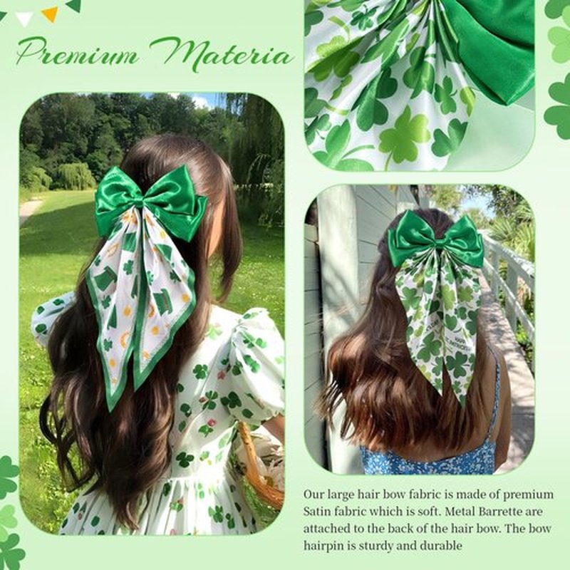 OAOLEER 2PCS St. Patrick's Day Hair Bows for Women 8 Inch Green Satin Layered Hair Clips with Long Tail French Style Hair Accessories for Girls