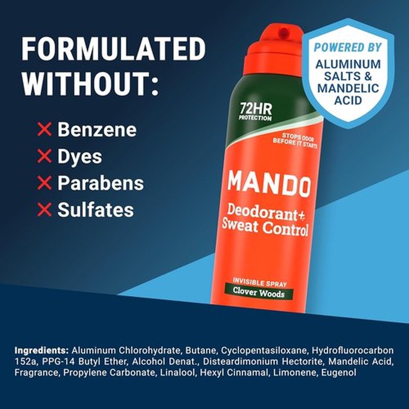 Mando 72 Hour Sweat & Odor Control Spray for Men - Invisible Antiperspirant Deodorant - 2-Pack Clover Woods