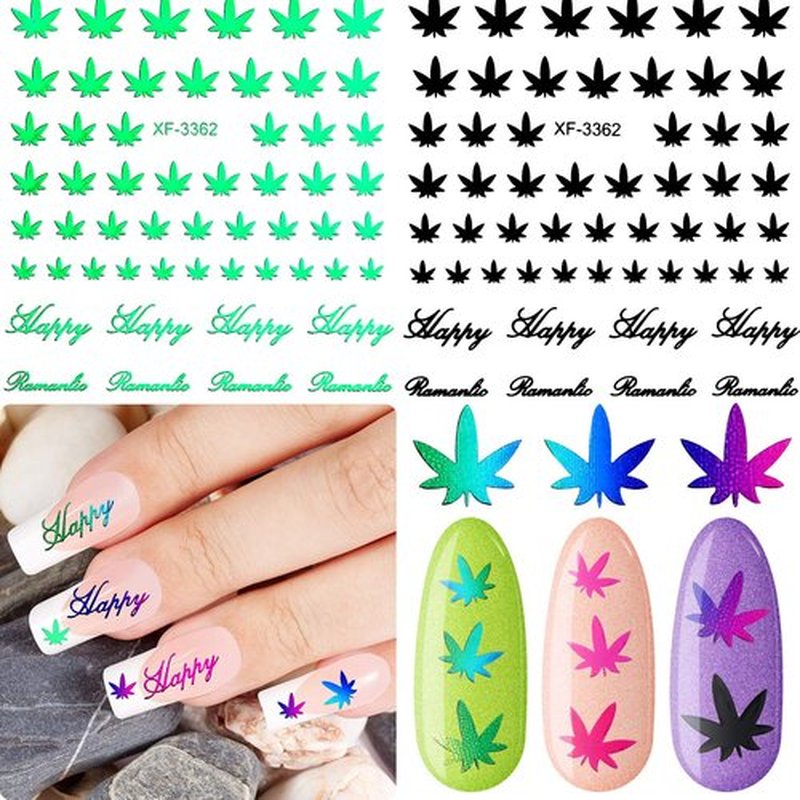 12 Sheets Colorful Leaf Nail Decals - Self-Adhesive Pot Leaves Nail Stickers for Women