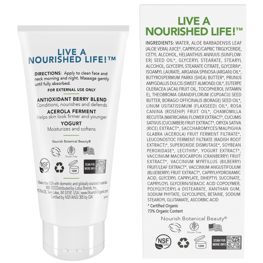 Nourish Organic Face Cream, Bilberry & Arctic Berries – Age Defense Formula with Aloe Vera & Borage Oil, 1.7 Oz + Washable Cotton Round