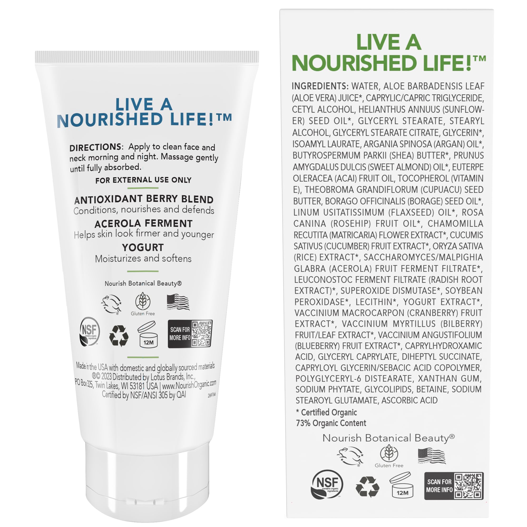 Nourish Organic Face Cream, Bilberry & Arctic Berries – Age Defense Formula with Aloe Vera & Borage Oil, 1.7 Oz + Washable Cotton Round