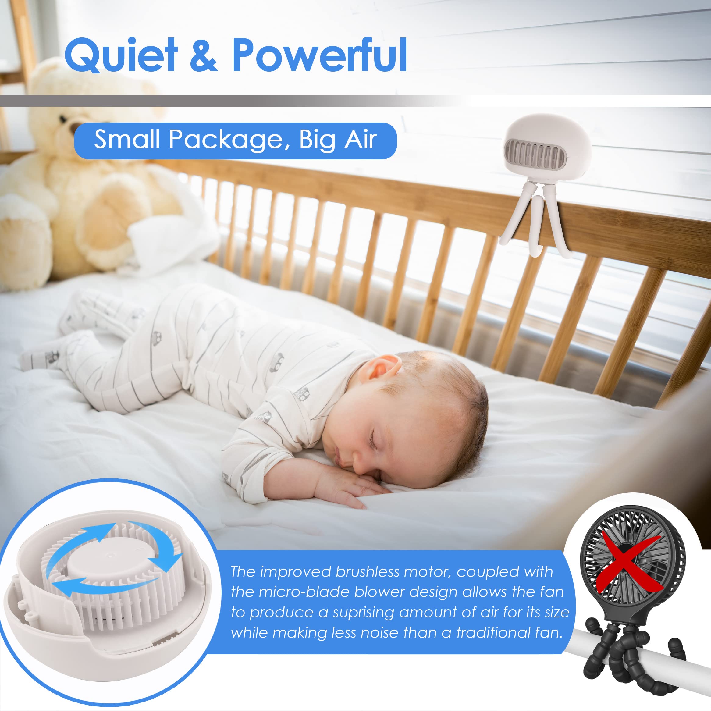 Asani Portable Bladeless Baby Stroller Fan, Rechargeable Battery-Operated Fan with 3 Breeze Settings & Quiet Motor, Personal Fan for Baby Car Seat, Camping, Desk, Golf Cart, Wheelchair, & More (White)