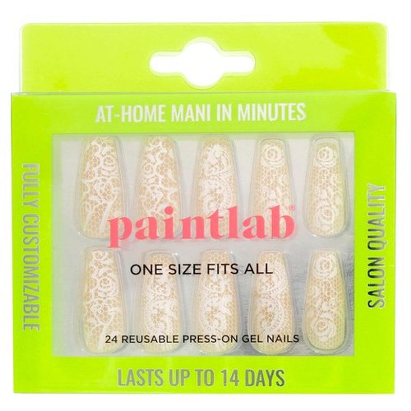 PaintLab Press-On Nails Manicure Kit, Beige Lace - Coffin, 30-Piece Set, Long-Lasting Fake Nails with Glue, File, Prep Pad & Cuticle Stick