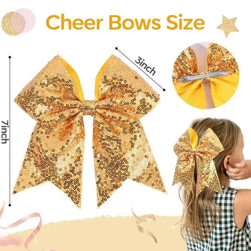 OAOLEER 2PCS Glitter Cheer Hair Bow Clips for Girls, 7 inch Gold Sequin Large Hair Bows Hair Accessories for Girls Teen Softball Cheerleader (Gold)
