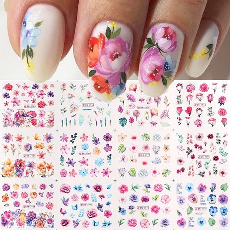 48 Sheets Flowers Nail Art Stickers, Holographic Spring Floral Water Transfer Nail Decals Design, Flowers Leaf Butterfly Nail Sticker for Women Girls Manicure Decorations Resin Nail Decal Tattoo Set