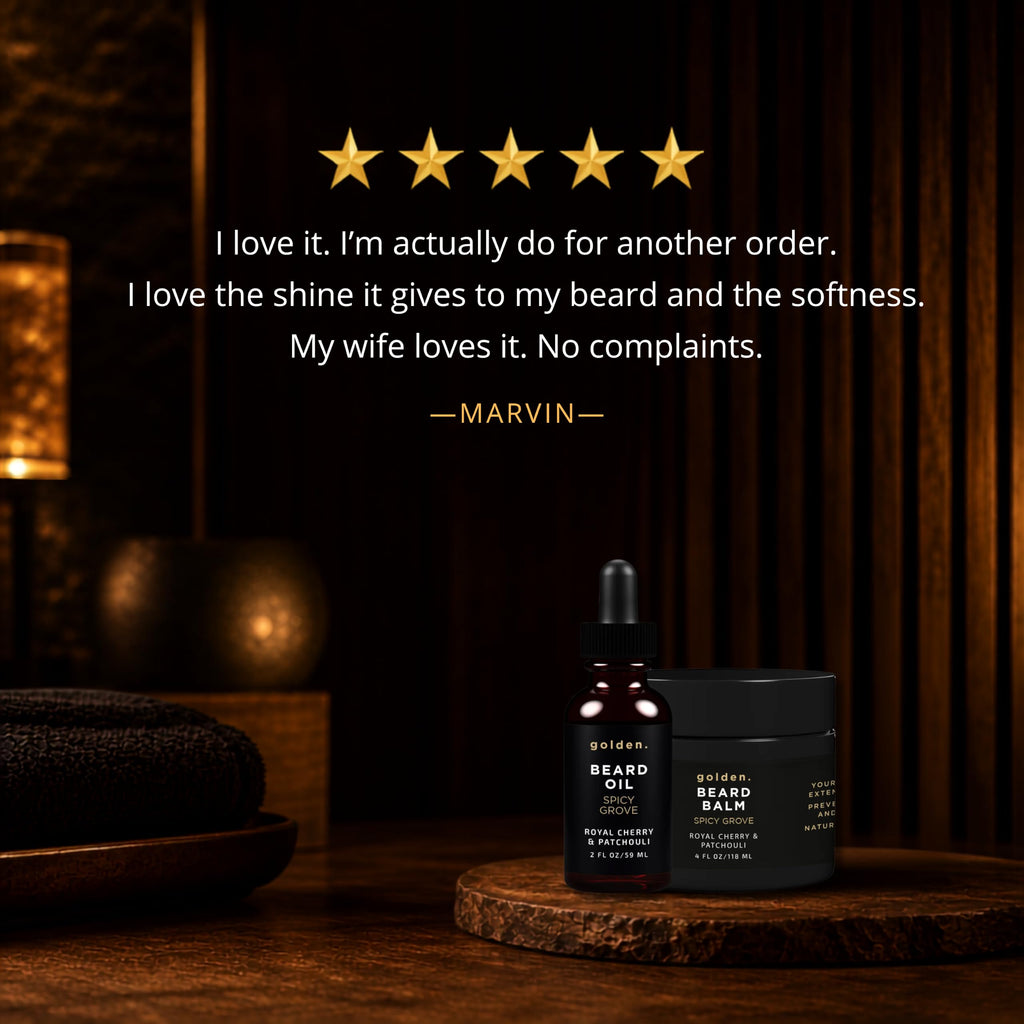 Golden Grooming Beard Bundle for Black Men - Mega Growth Kit with 4oz Balm & 2oz Oil - Shea Butter Conditioner - Spicy Grove (XL)