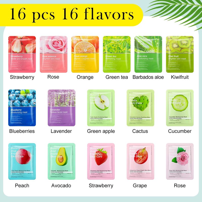 Viozakanry 16 Pcs Sheet Face Masks Skincare for Most Skin Types, Combo Essence Hydraiting Facial Mask Set for Women Skin Care, Gifts Set for Home Spa(Assorted Styles,16 Pcs)