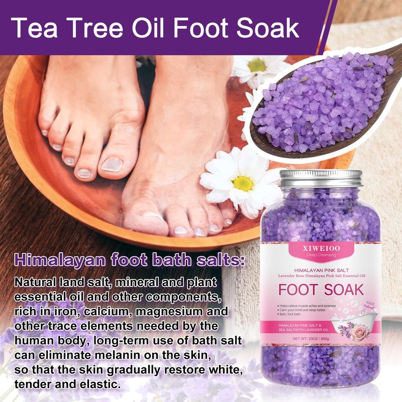 XIWEIOO Pack of 4 lavender Himalayan Pink FOOT SOAK SALT Kit Tea Tree OiFoot Callus Remover Gel Kit Foot Files Set Moisturize, Foot Odor cream spa massager Epsom Salt pedicure at home spa