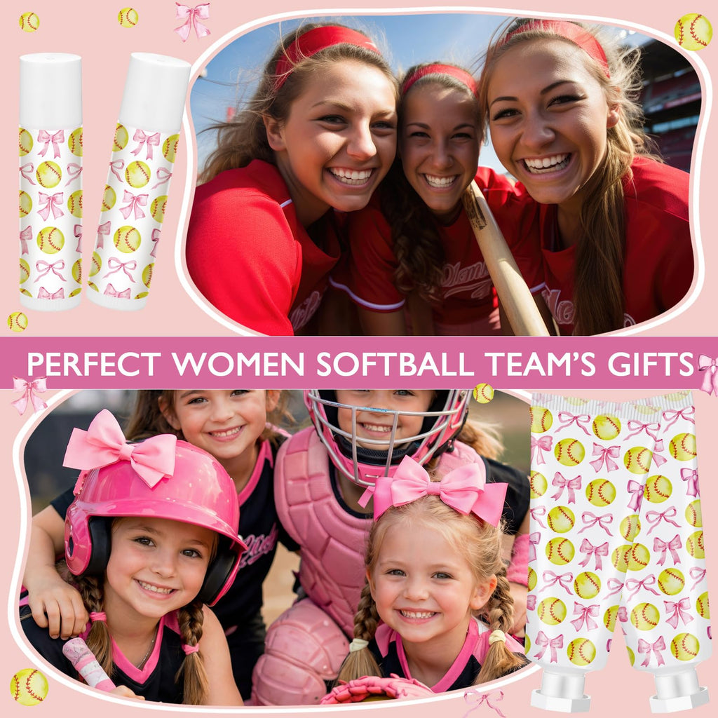 Loopeer 20 Sets Softball Team Gifts for Girls Pink Bowknot Softball Lip Balm Hand Cream Set Party Favors Sports Ball Team Members Gifts Bulk for Sports Party Supplies