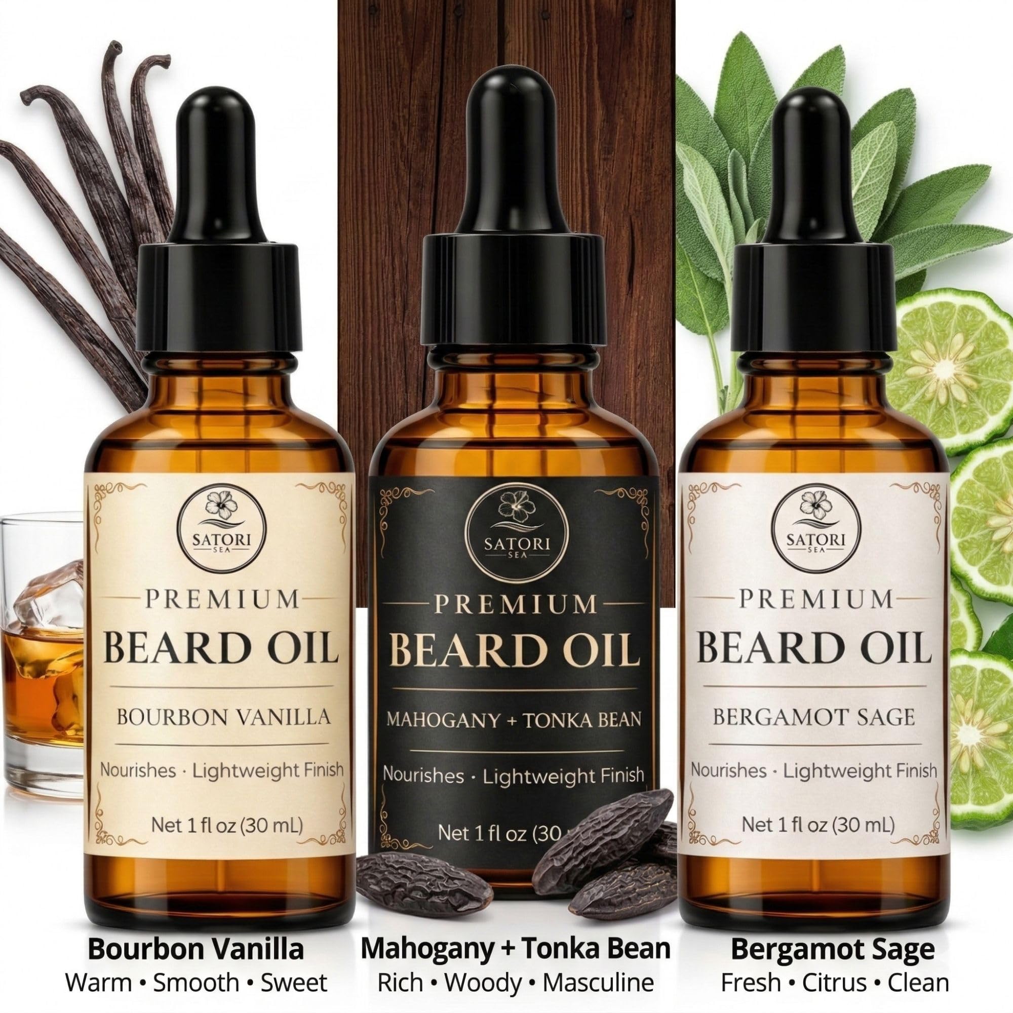 Satori Sea Beard Oil Variety Pack for Men - 3 Pack (Bourbon Vanilla, Mahogany Tonka Bean, Bergamot Sage) - Premium Beard Oil for Men - Moisturizing & Conditioning Beard Care -1 oz Bottles