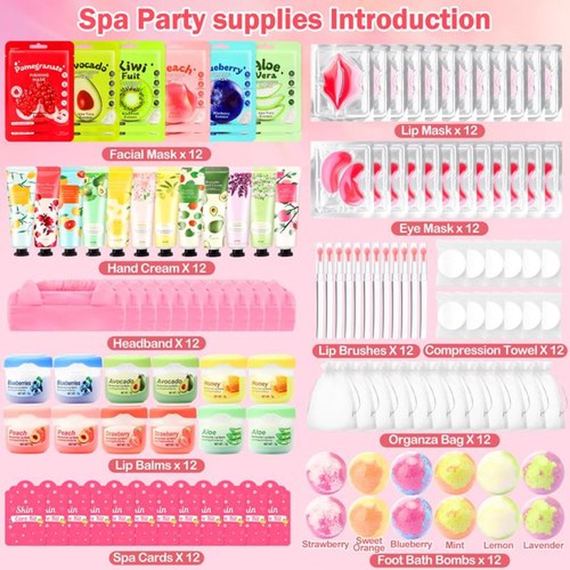 132 PCS Spa Party Supplies, Spa Party Favors Include Face Masks Skincare, Hand Cream, Lip Balm, Under Eye Patches, Lip Mask and Foot Bath Bombs, Spa Birthday Sleepover Party Supplies