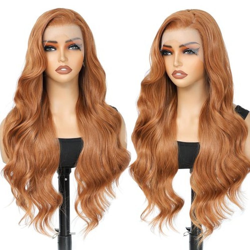 LuxeMelan Long Ginger Lace Front Wigs for Women 13x4 HD Lace Front Layered Loose Wavy Pre Plucked Tiny Knots M Natural Hairline 26 Inch Synthetic Reddish Brown Copper Blonde Lace Front Wig