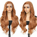LuxeMelan Long Ginger Lace Front Wigs for Women 13x4 HD Lace Front Layered Loose Wavy Pre Plucked Tiny Knots M Natural Hairline 26 Inch Synthetic Reddish Brown Copper Blonde Lace Front Wig