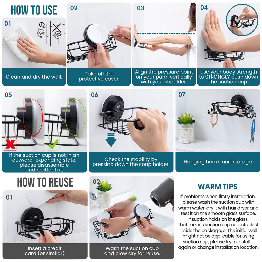 TAILI Soap Holder for Shower – Suction Cup Bar Soap Dish with Hooks, Rustproof Stainless Steel, Self-Draining Sponge Holder with Razor Holder for Bathroom & Kitchen, Black