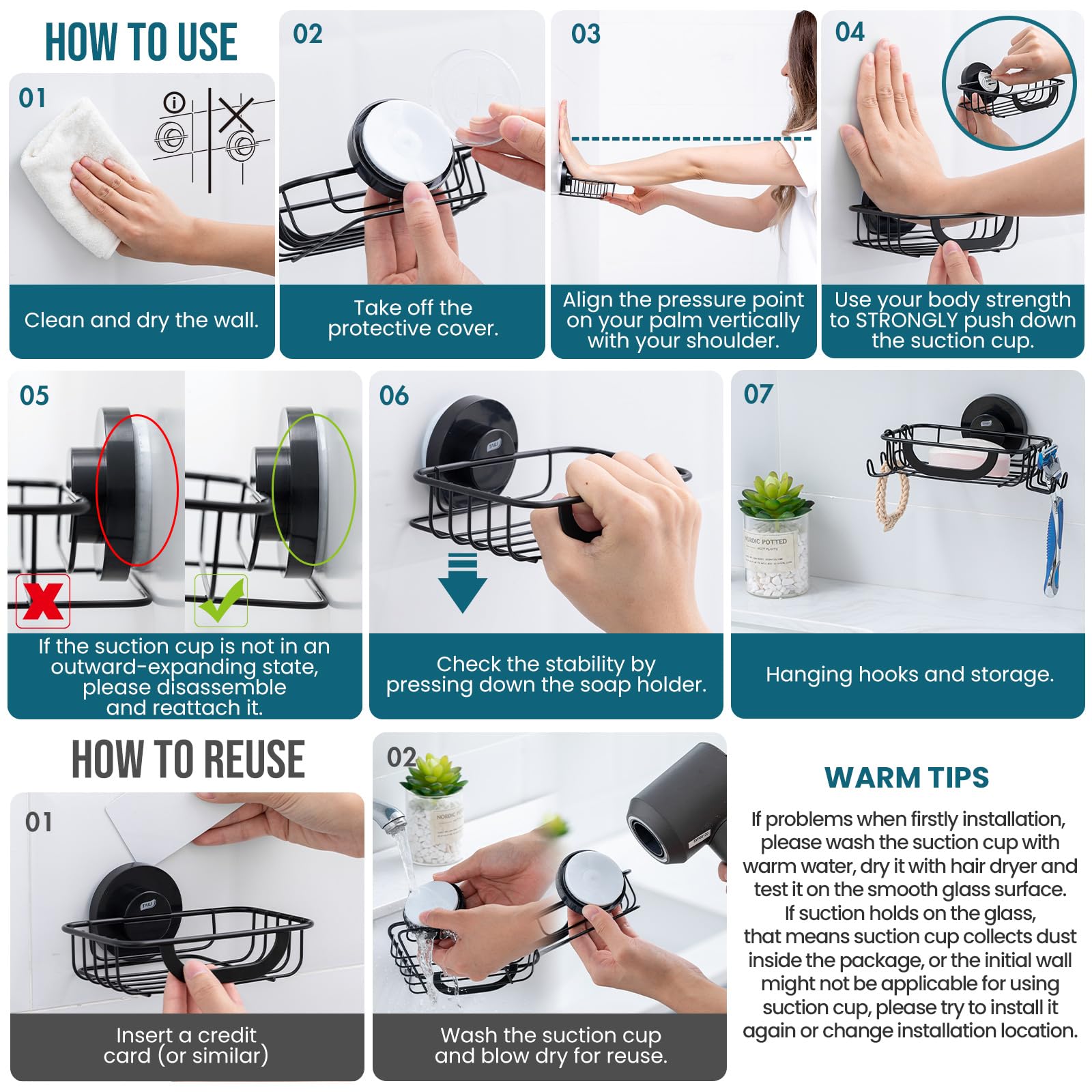 TAILI Soap Holder for Shower – Suction Cup Bar Soap Dish with Hooks, Rustproof Stainless Steel, Self-Draining Sponge Holder with Razor Holder for Bathroom & Kitchen, Black