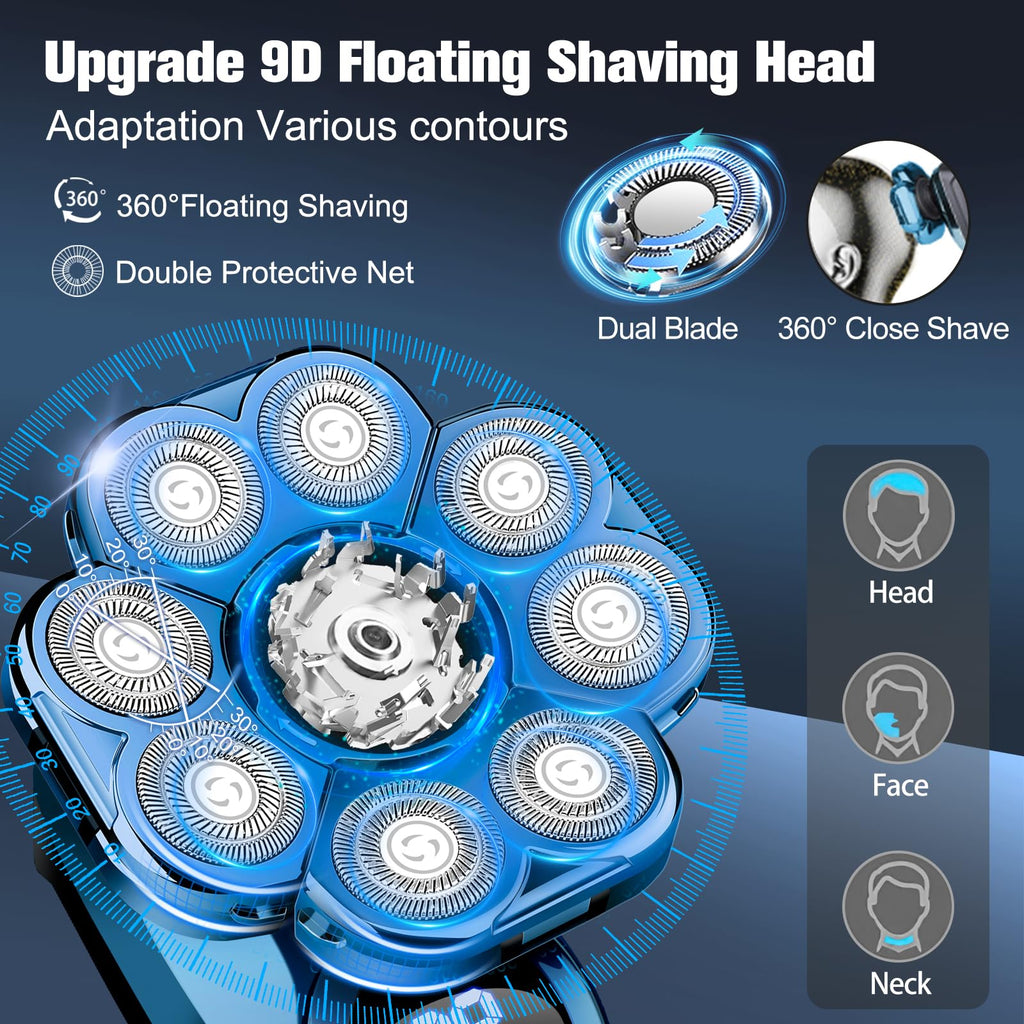 9D Electric Head Shaver for Bald Men, Upgraded 5-in-1 Waterproof Wet/Dry Grooming Kit Electric Shaver for Men, Cordless Rechargeable Bald Head Razor for Home&Travel