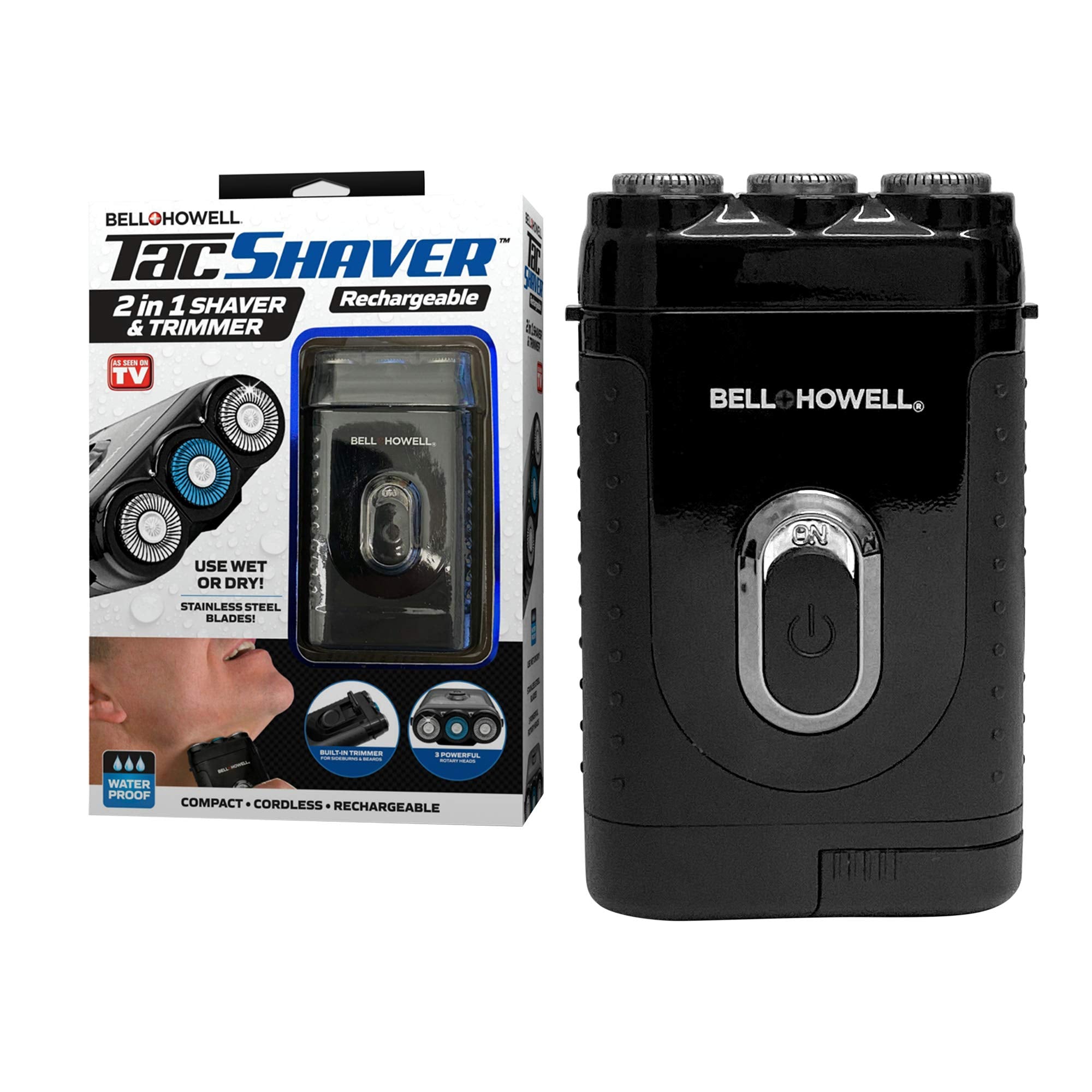 Bell+Howell Tacshaver 3D Rechargeable Rotary Shaver for Men with Pop-up Trimmer for Sideburns, Moustache and Beard, Waterproof, Portable, and Cordless Electric Razor As Seen On TV (Deluxe)