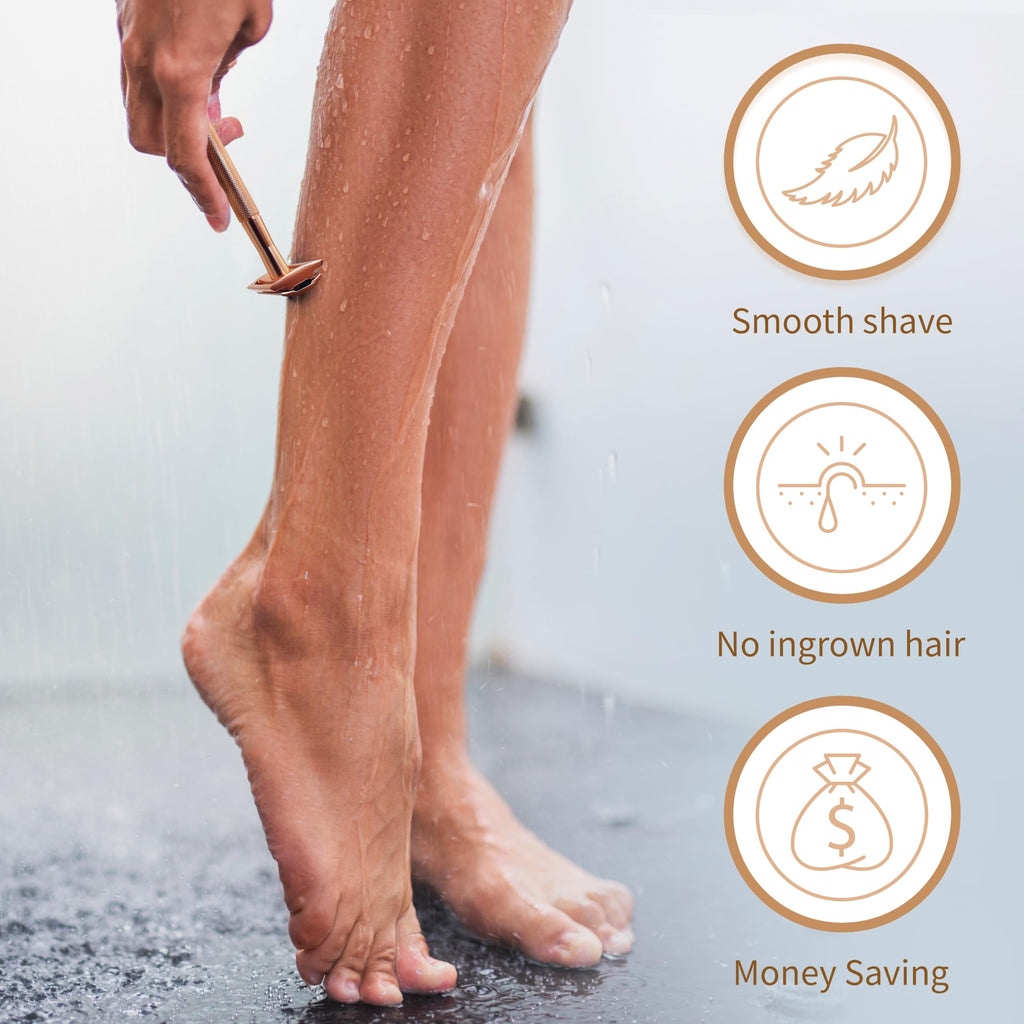 Bambaw Double Edge Safety Razor with Stand, Women Razor with 5 Double Edge Safety Razor Blades, Plastic Free Metal Razor – Rose Gold