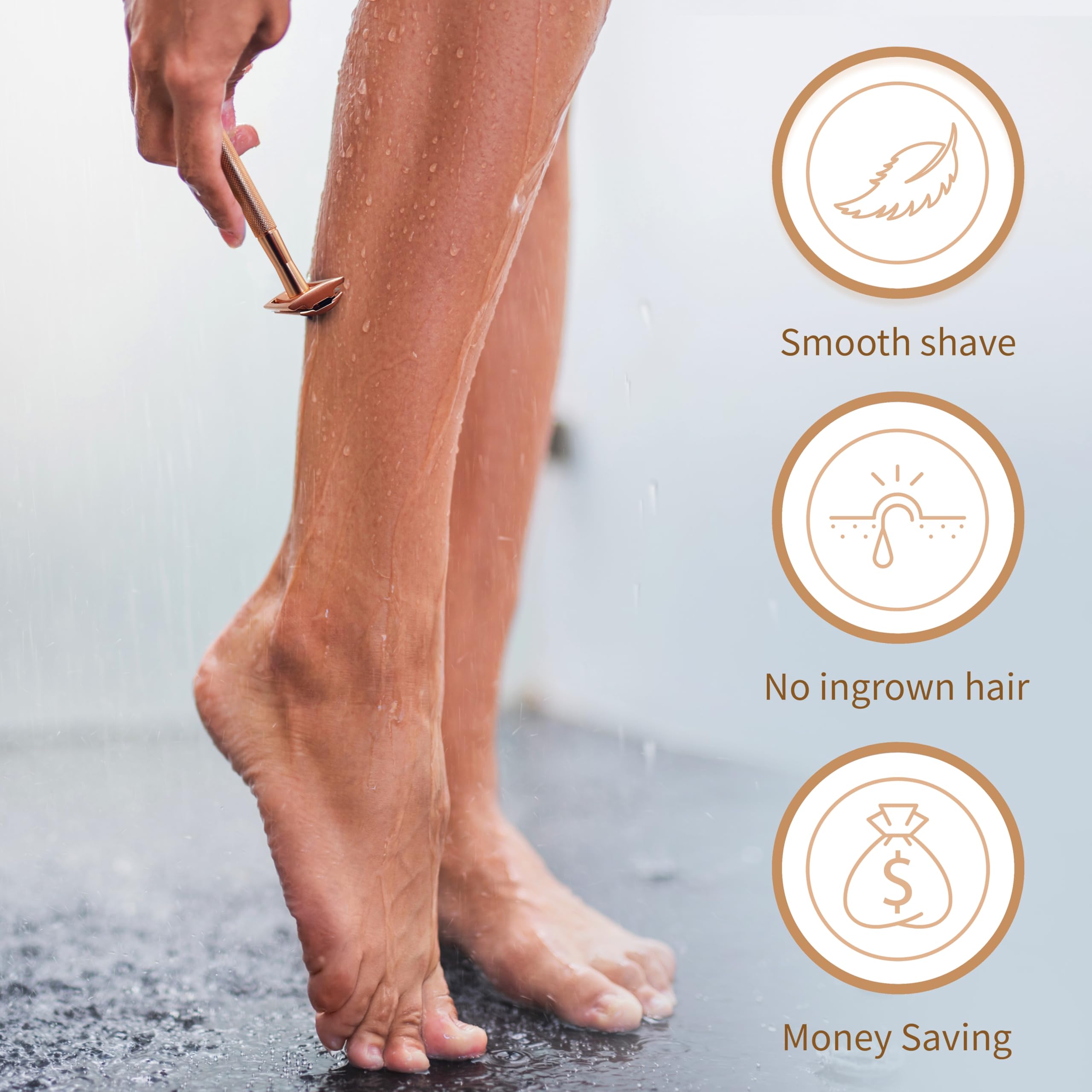 Bambaw Double Edge Safety Razor with Stand, Women Razor with 5 Double Edge Safety Razor Blades, Plastic Free Metal Razor – Rose Gold