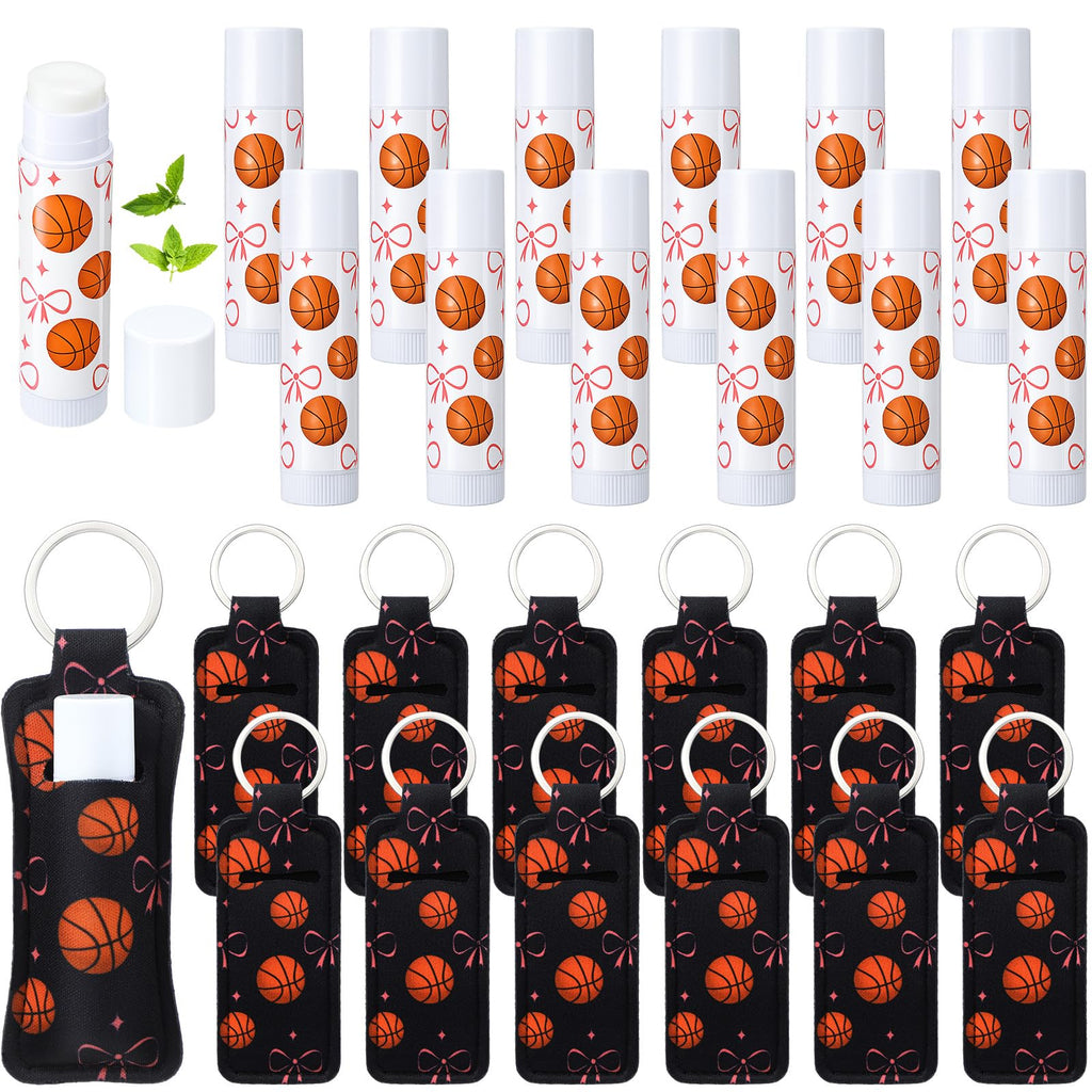 Loopeer 24 Pcs Basketball Party Favors Include Lip Balm and Lipstick Holder Keychain Bulk Moisturizing Basketball and Bow Lip Balm Keychains Pouch for Team Gifts Sports Party Supplies
