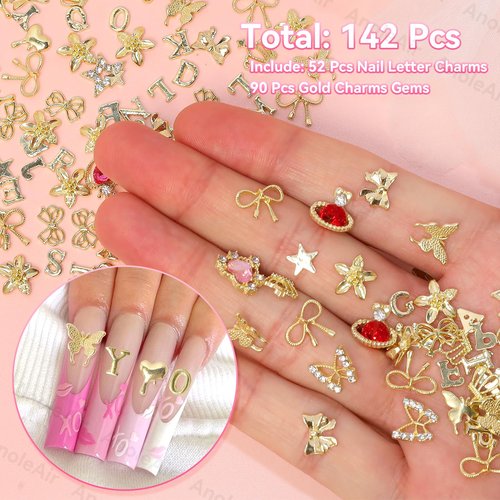 142 Pcs Gold A-Z Letter Nail Charms, Alloy Alphabet Words Nail Charm, Crown Heart Butterfly Bows Star Nail Gems Charms, Gold Flower Heart Alloy Nail Charm for Acrylic Nail Art Women DIY Accessories