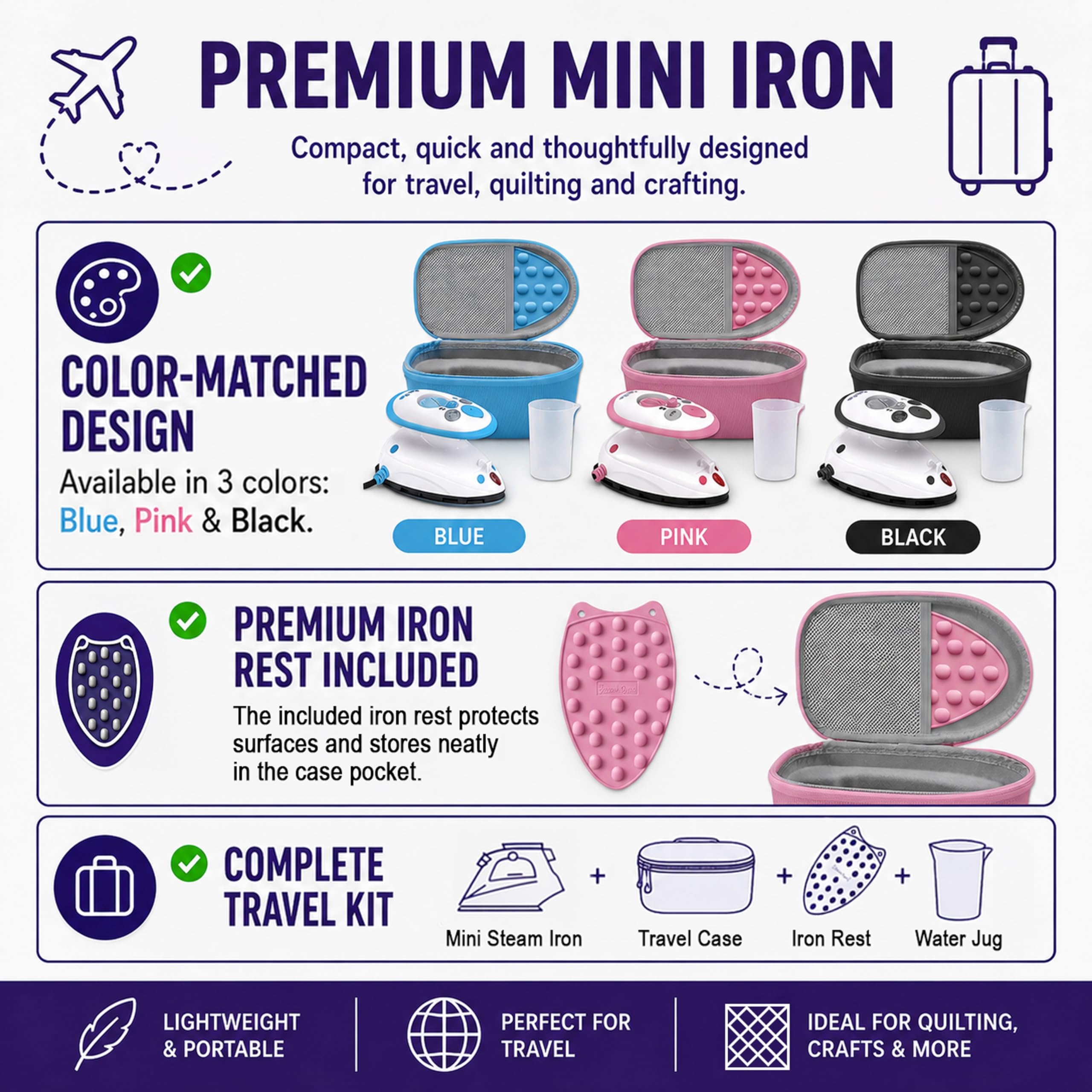 The Quilted Bear Premium Mini Steam Iron for Quilting and Travel, Pink