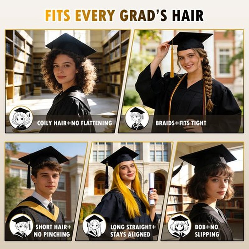 2pcs Black Graduation Cap Headband Insert - Anti-Fall Grad Cap Headband for Curly Hair Secures Graduation Hat,Keep Hairstyle for Graduation Day,Essential Graduation Accessories for Women & Men Student