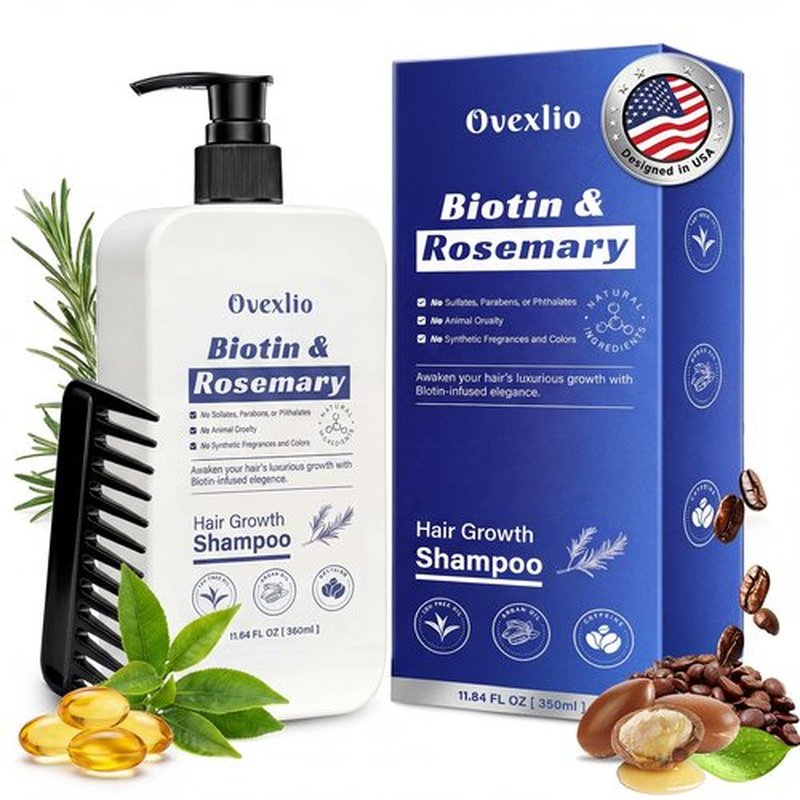 OVEXLIO Hair Growth Shampoo with Biotin and Rosemary, Routine Shampoo for Hair Loss and Thinning, Natural Thickening Formula with Argan Oil, Tea Tree Oil and Caffeine, Sulfate Free with Comb, 11.84 FL