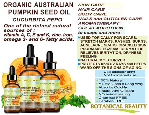 Botanical Beauty Australian ORGANIC PUMPKIN SEED OIL 100% Pure Natural Virgin Unrefined Cold Pressed Carrier Oil for Face, Skin, Hair, Lip, Nails (4 Fl Oz)