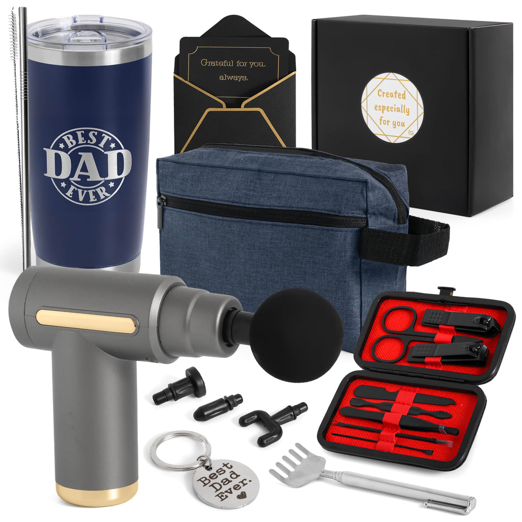 Dad Gift Box – Relaxation & Self Care Kit with Massage Gun, 20oz Tumbler, Toiletry Bag, Grooming Set – Birthday, Father’s Day Gifts for Him, Husband, Men Who Have Everything & Promoted to Dad