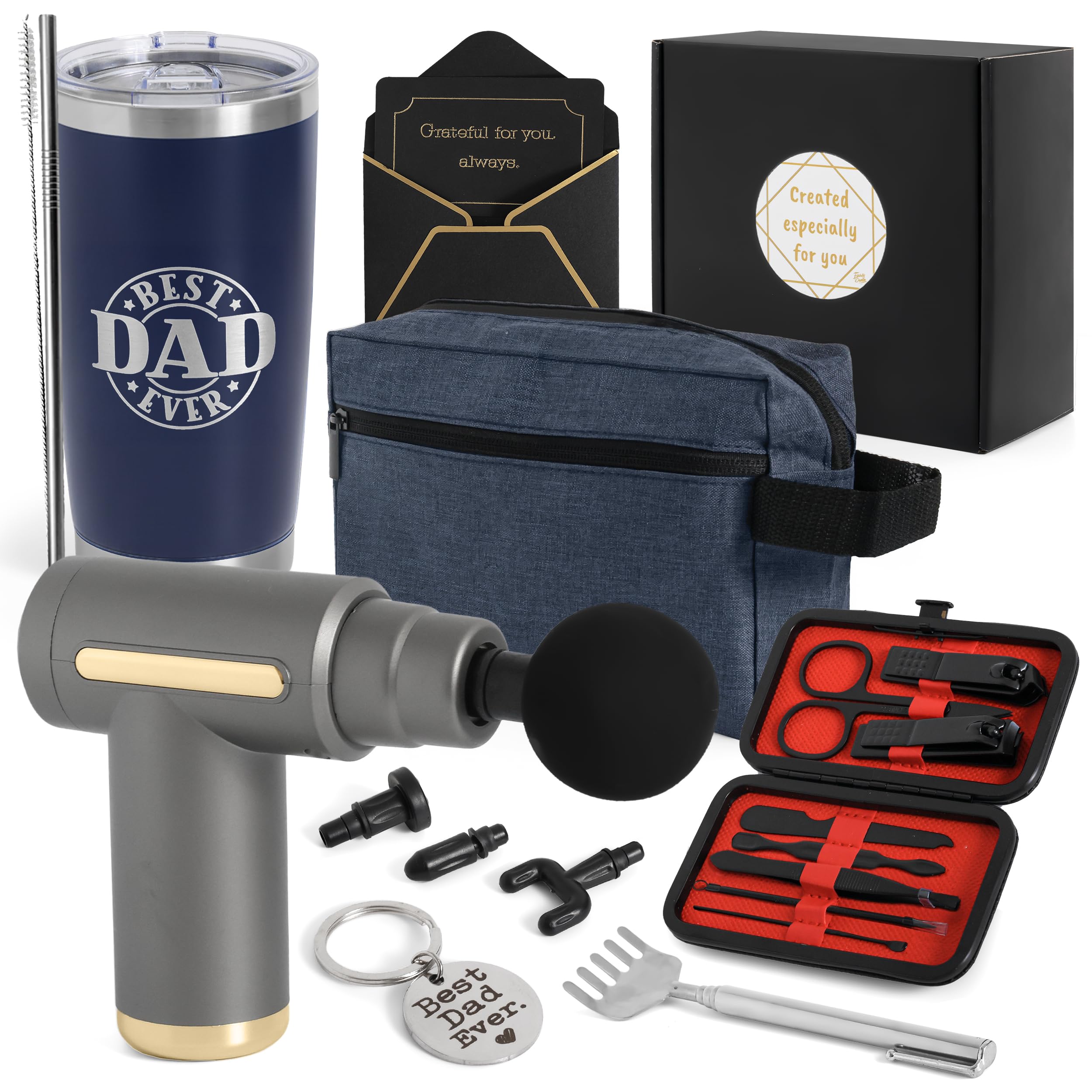 Dad Gift Box – Relaxation & Self Care Kit with Massage Gun, 20oz Tumbler, Toiletry Bag, Grooming Set – Birthday, Father’s Day Gifts for Him, Husband, Men Who Have Everything & Promoted to Dad