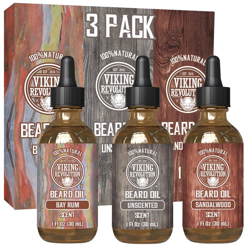 Viking Revolution Beard Oil - Natural Conditioning Oil Set for Men | Sandalwood, Unscented & Bay Rum (3 Pack, 1oz)