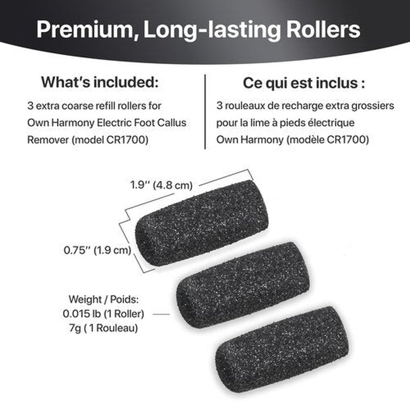 Extra Coarse Refill Rollers by Own Harmony - Best Fit for Electric Callus Remover CR1700: Professional Foot Care for Healthy Feet, Pedicure File Tools - Refills 3 Pack Replacement Roller Heads