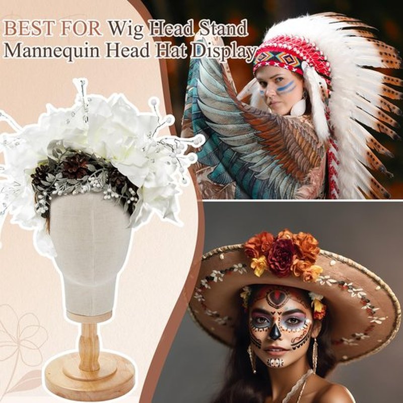 RattanView 2 Pcs Wig Stand with Head 23 Inch Linen Mannequin Head with Wooden Stand Canvas Mannequin for Hats Wigs Caps Headdress Home Store Hair Salon(Beige)